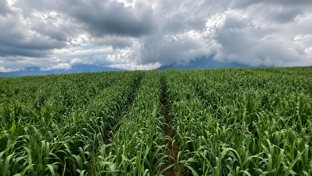 Cultivo de ajo en campo abierto bajo un cielo nublado