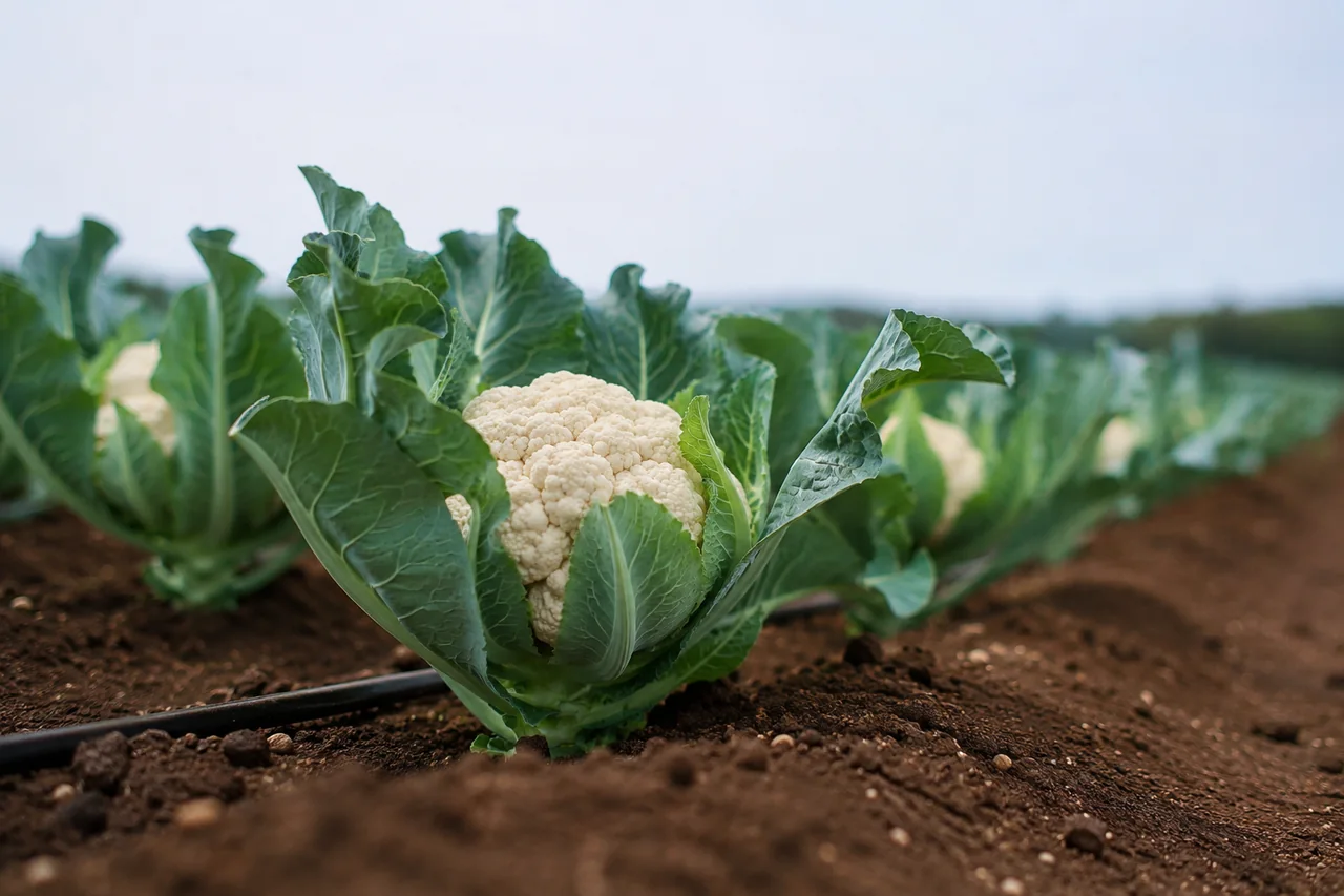 Imagen ilustrativa de coliflor cultivada a campo abierto.
